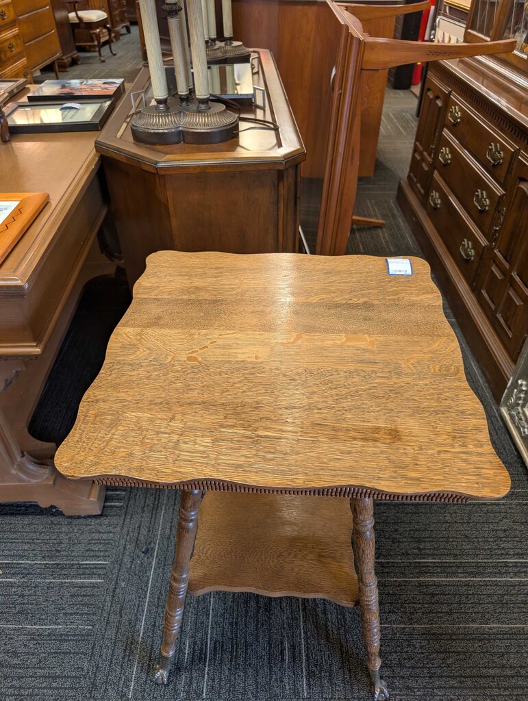 Antique Oak Stand w/ Metal & Glass Claw Feet