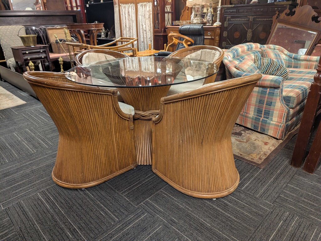 Mid Century Maguire "wheat Leaf" Ratan Glass Top Table With Four Chairs