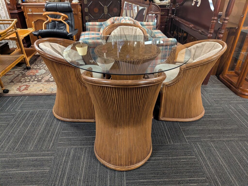 Mid Century Maguire "wheat Leaf" Ratan Glass Top Table With Four Chairs