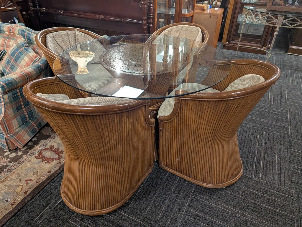 Mid Century Maguire "wheat Leaf" Ratan Glass Top Table With Four Chairs