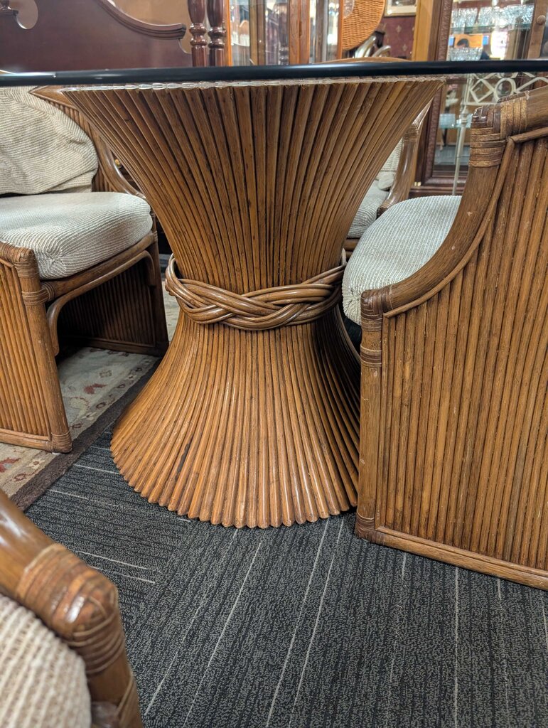 Mid Century Maguire "wheat Leaf" Ratan Glass Top Table With Four Chairs