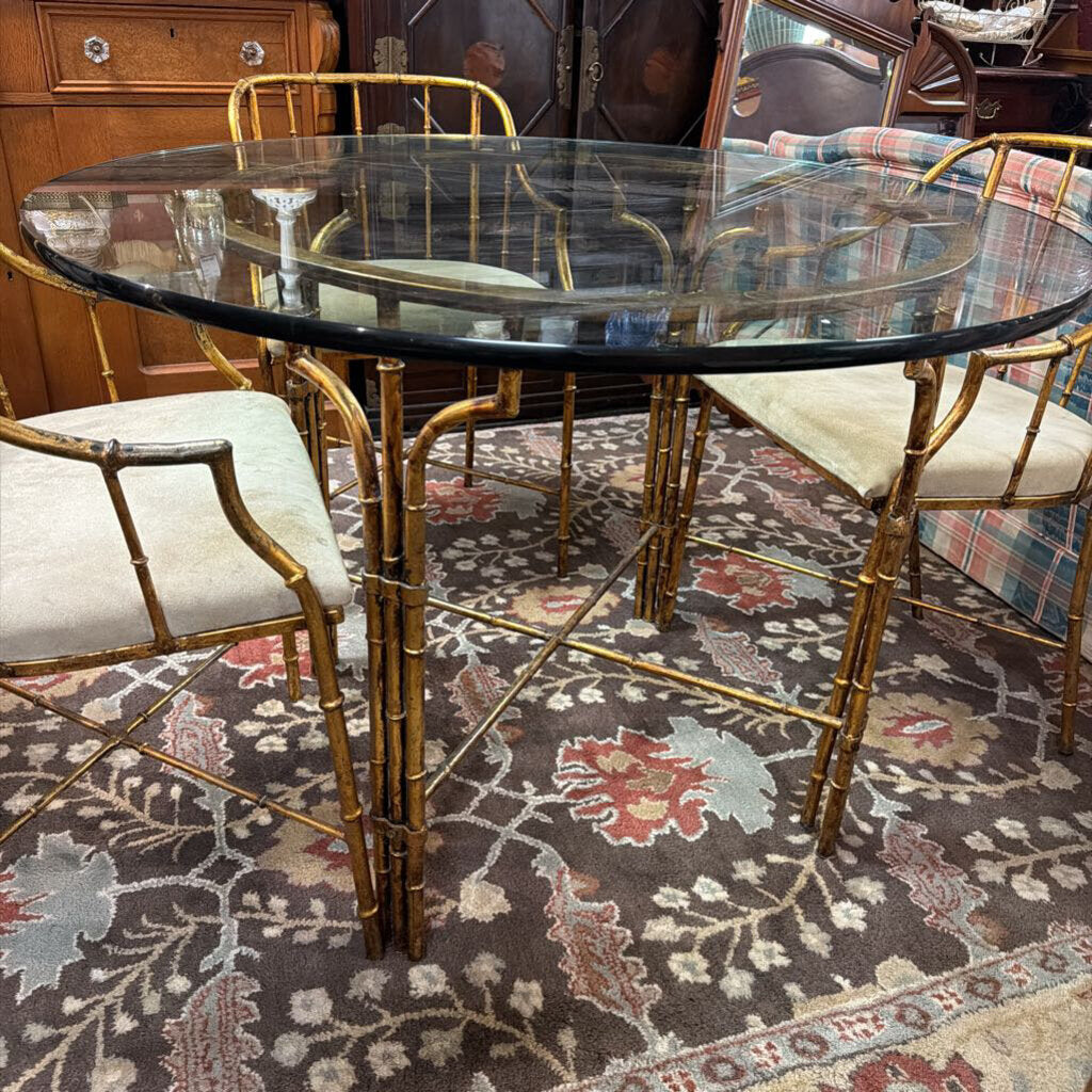 Vintage Regency Faux Bamboo Glass Top Table / 4 Chairs by La Barge Mirrors Inc.