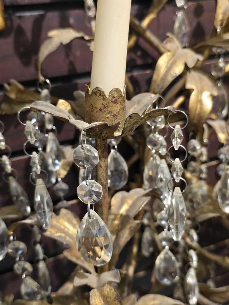 Vintage Hollywood Regency Gilt Iron & Crystal Wall Candelabra