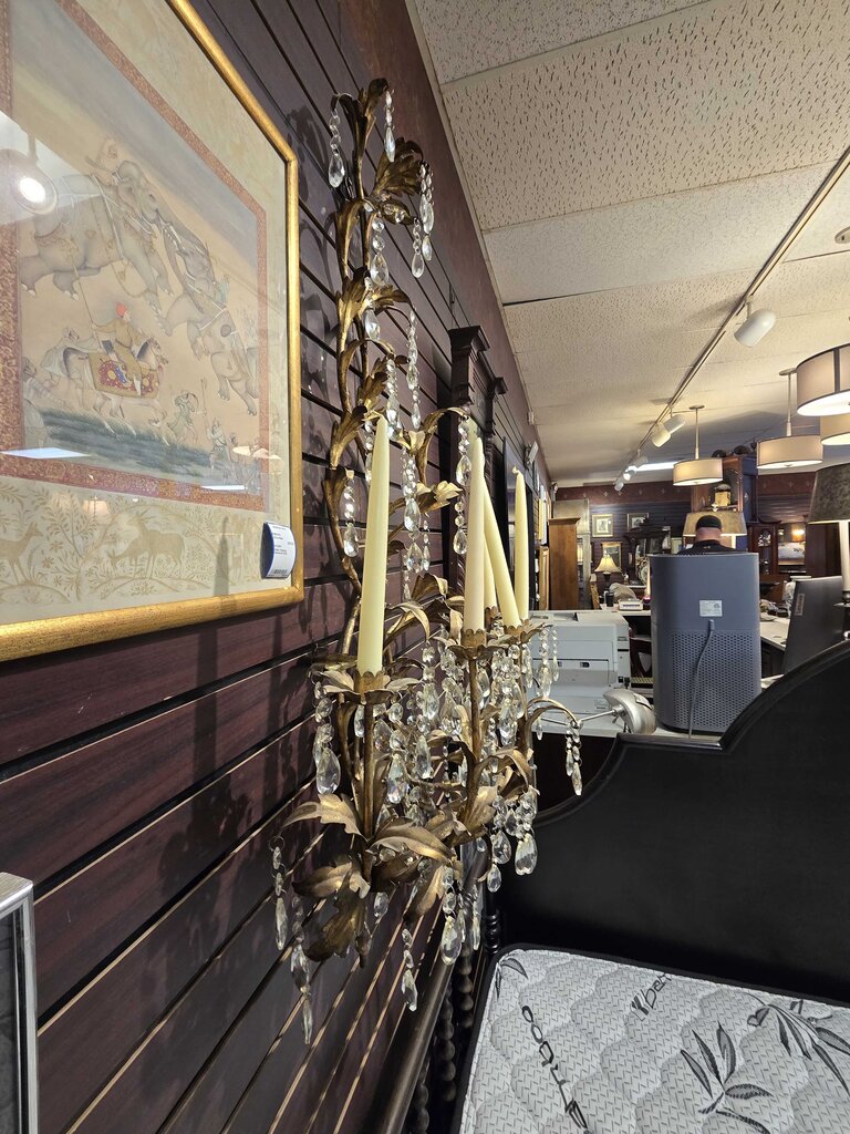 Vintage Hollywood Regency Gilt Iron & Crystal Wall Candelabra