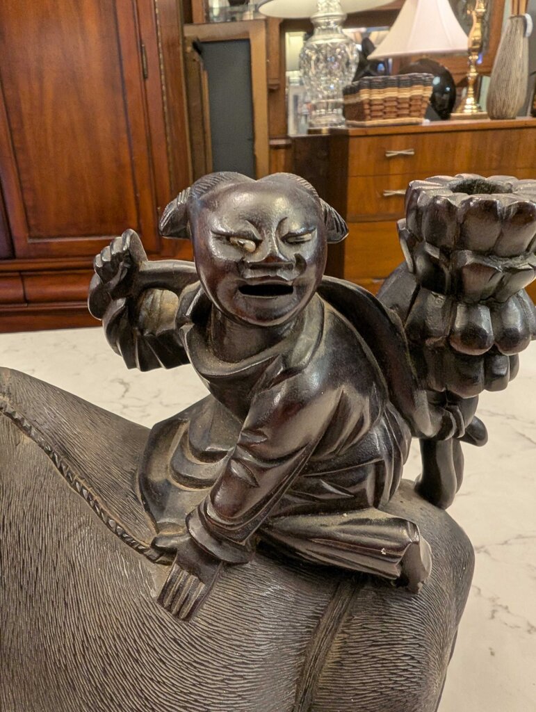 Mid Century Chinese Carved Harwood Boy Riding a Water Buffalo