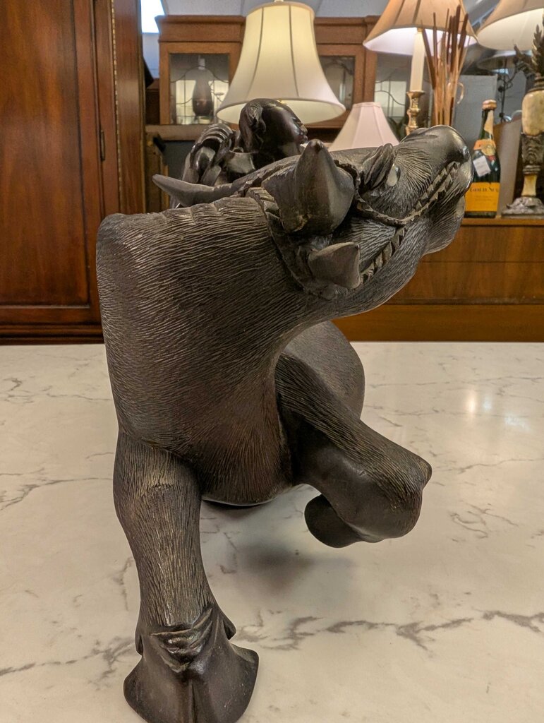 Mid Century Chinese Carved Harwood Boy Riding a Water Buffalo