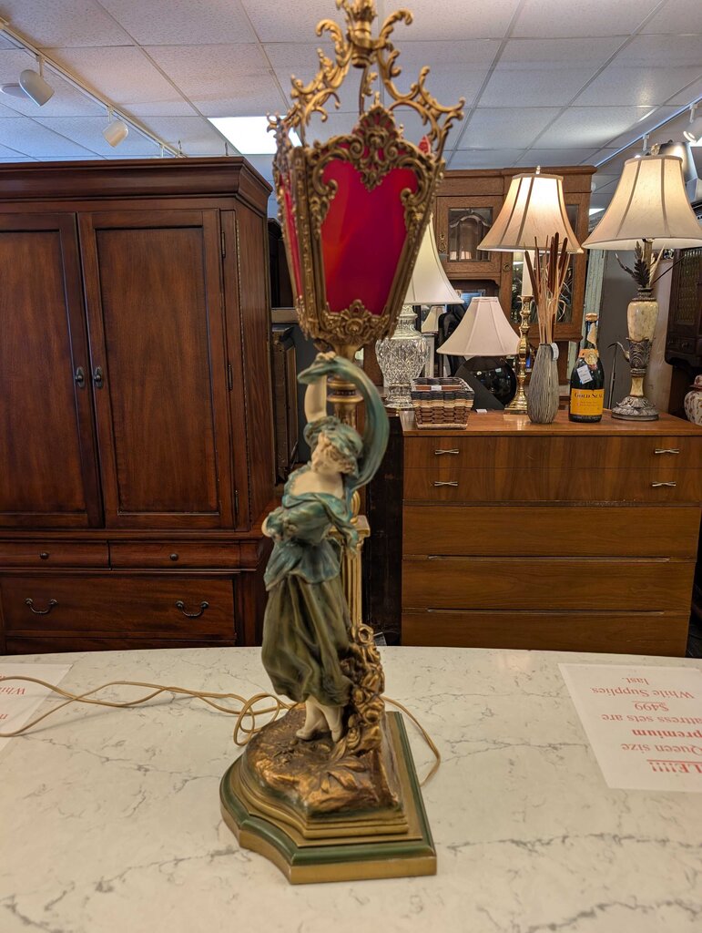 Vintage Cast Metal Victorian Revival Maiden Lantern Figural Lamp by Gramtex