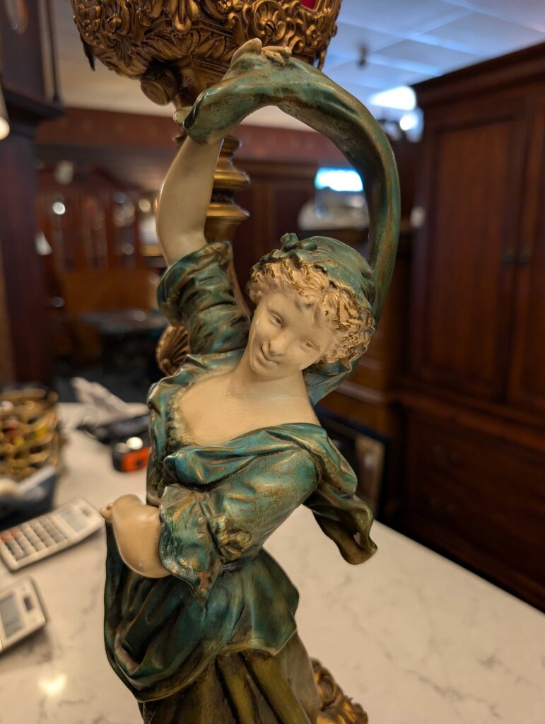 Vintage Cast Metal Victorian Revival Maiden Lantern Figural Lamp by Gramtex