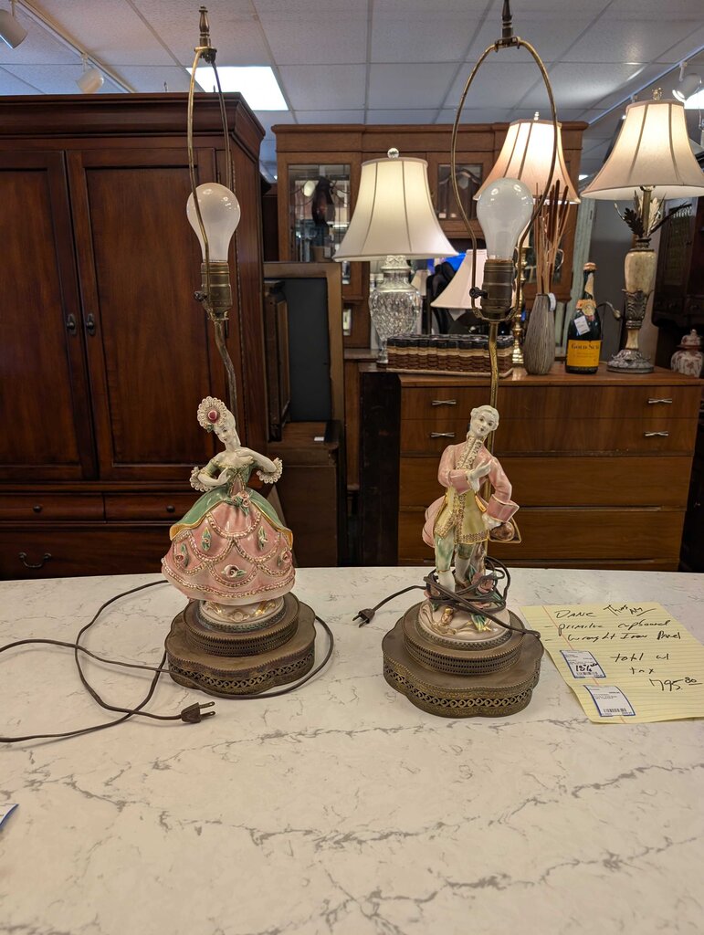 Pair of Vintage Porcelain Courting Couple Figural Table Lamps Circa 1940