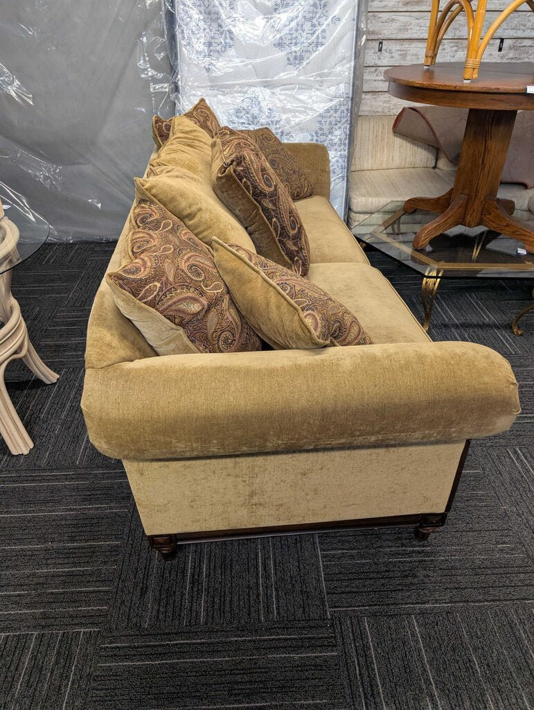 Tan Sofa With Wood Trim
