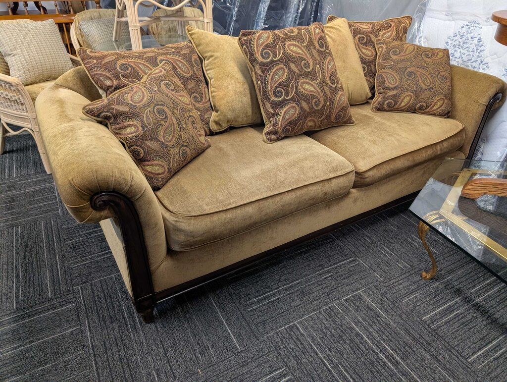 Tan Sofa With Wood Trim