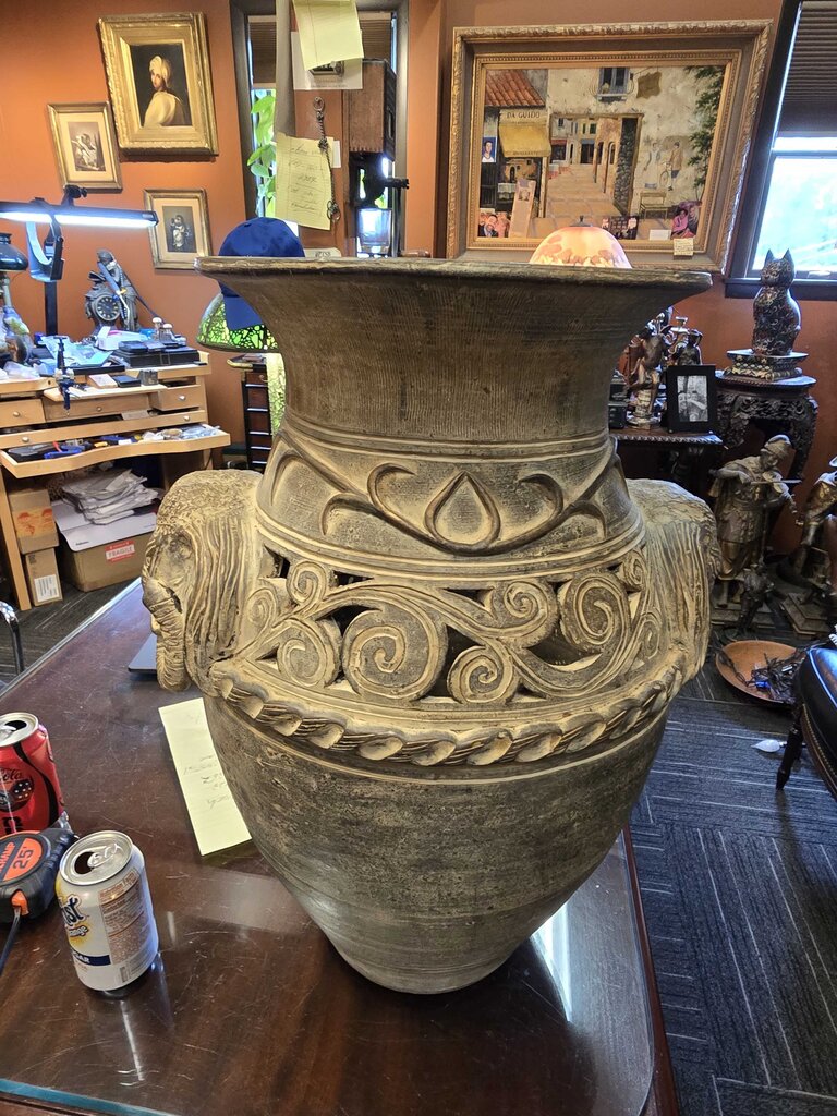 Large Heavy Mid-Century Hand Made Southeast Asian Elephant Pottery Floor Vase