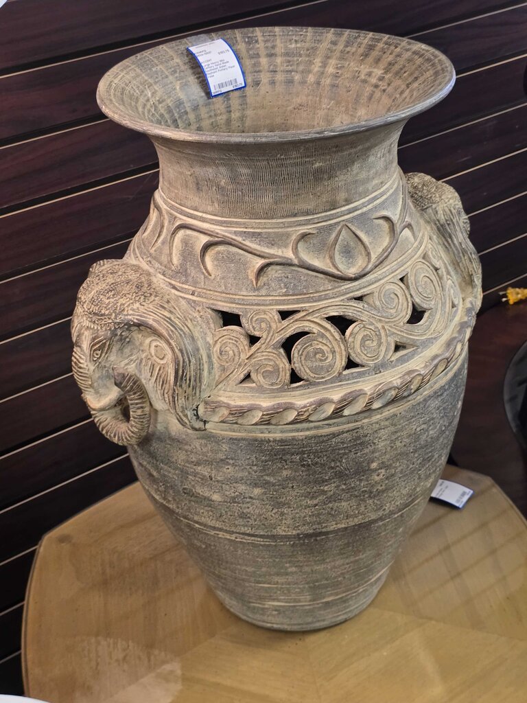 Large Heavy Mid-Century Hand Made Southeast Asian Elephant Pottery Floor Vase