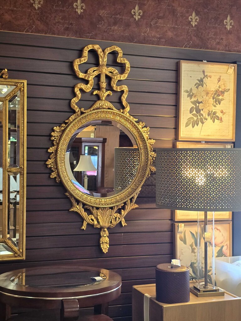 Contemporary Hollywood Regency Style Ribbon Crest Wall Mirror by Majestic Mirror
