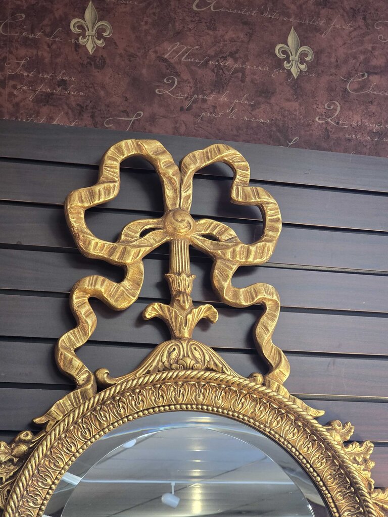 Contemporary Hollywood Regency Style Ribbon Crest Wall Mirror by Majestic Mirror