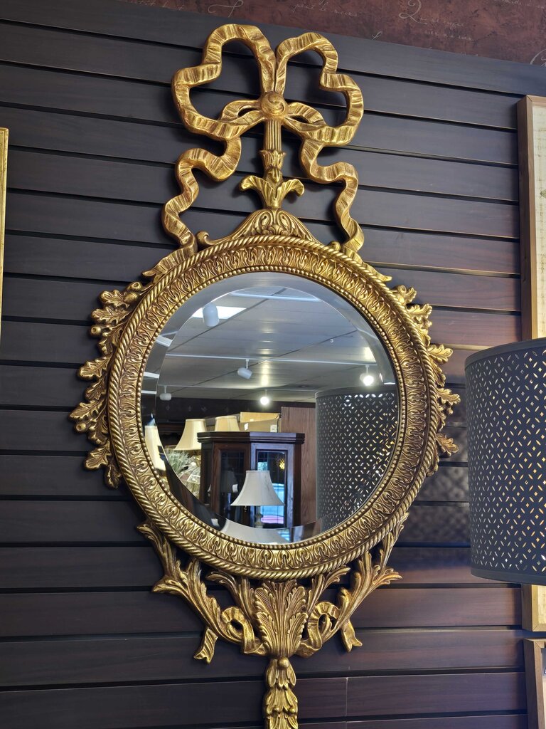 Contemporary Hollywood Regency Style Ribbon Crest Wall Mirror by Majestic Mirror
