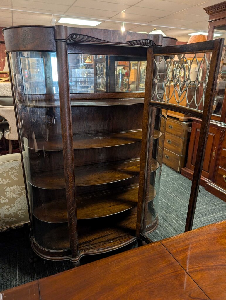 Antique Curved Glass Oak Curio Cabinet