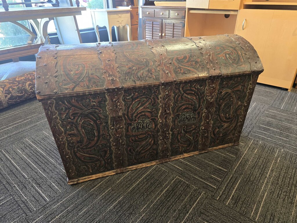Fantastic Continental Original Painted Dome-Top Hope Chest, Dated 1804