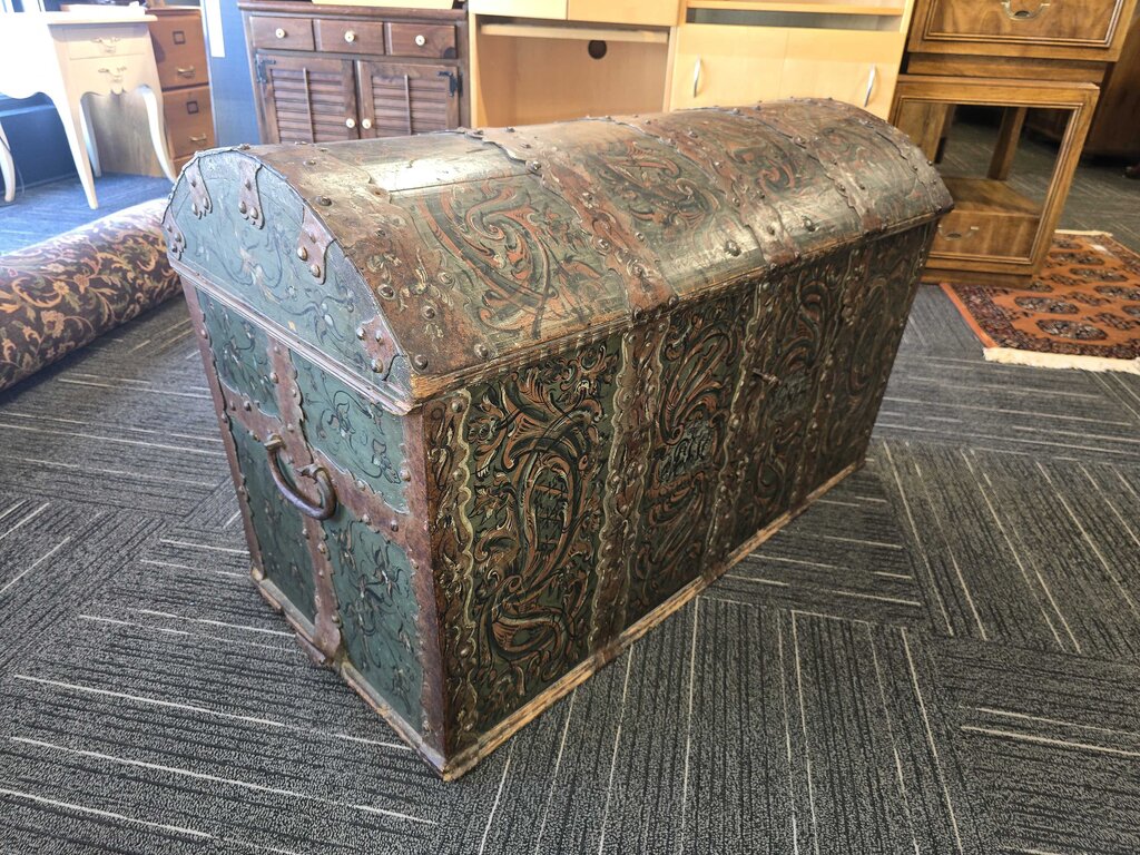 Fantastic Continental Original Painted Dome-Top Hope Chest, Dated 1804