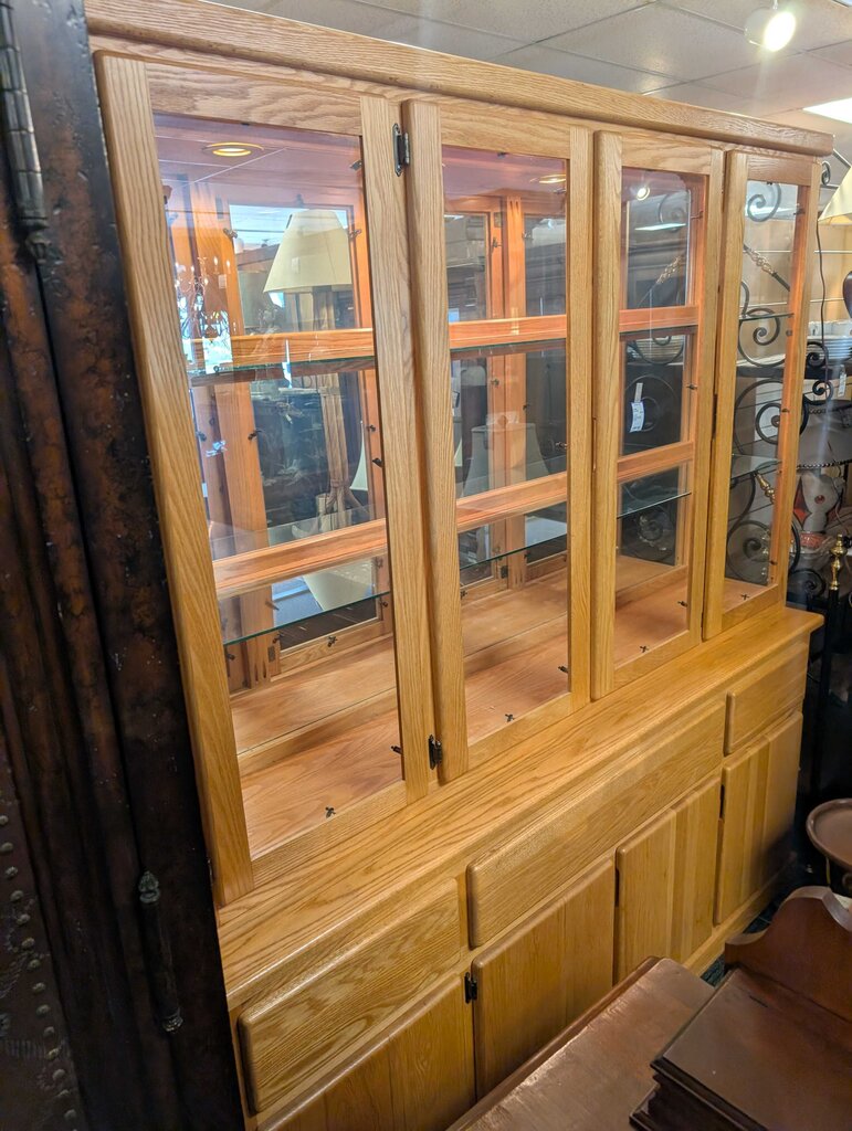 Custom Made Oak Lighted 2 pc China Cabinet