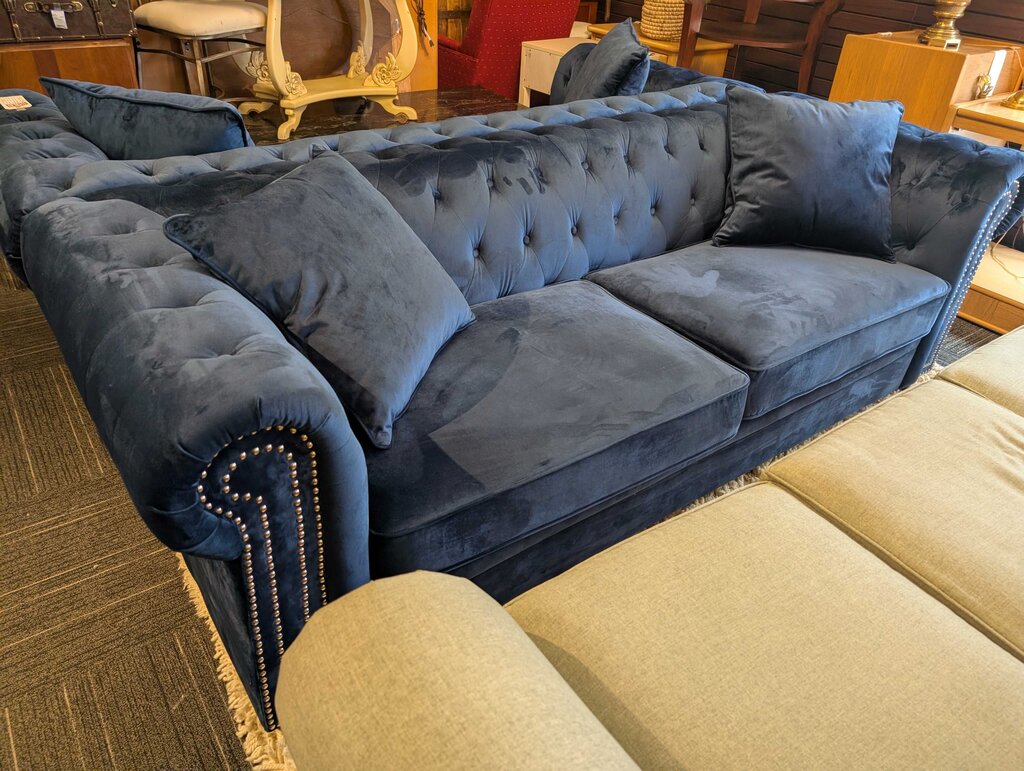 Modern Blue Velour Tufted Sofa