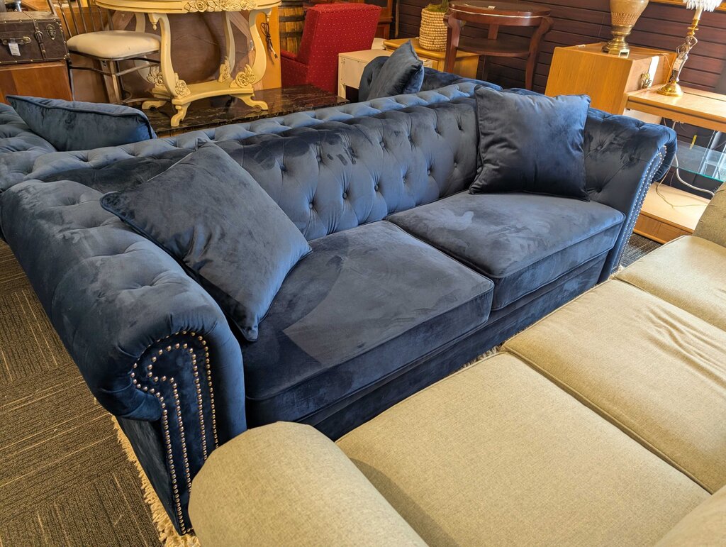 Modern Blue Velour Tufted Sofa