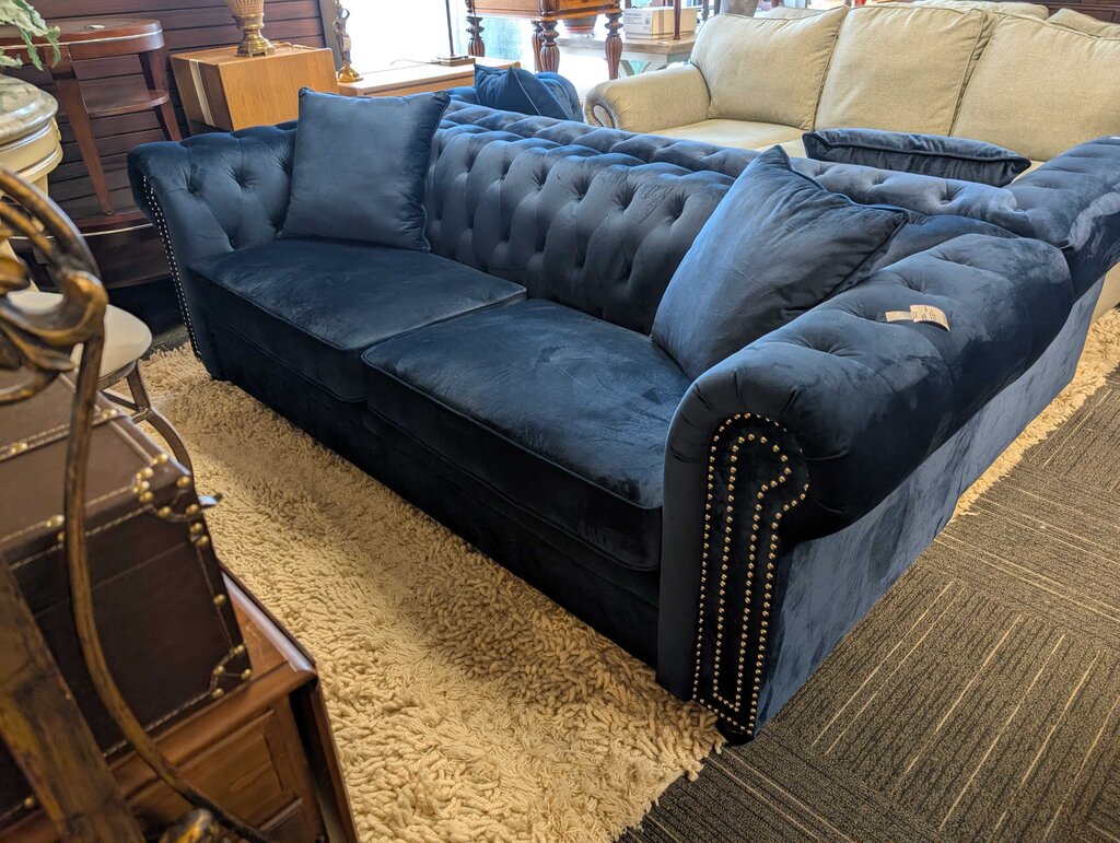 Modern Blue Velour Tufted Sofa