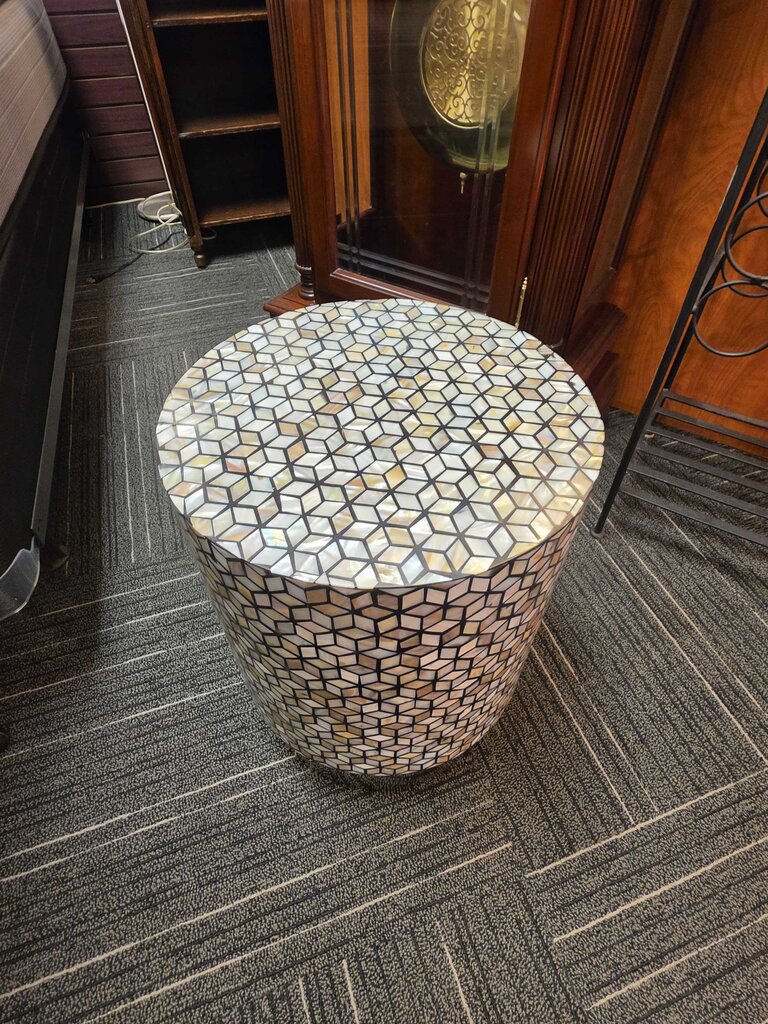 Mother-of-Pearl Geometric Drum Accent Table