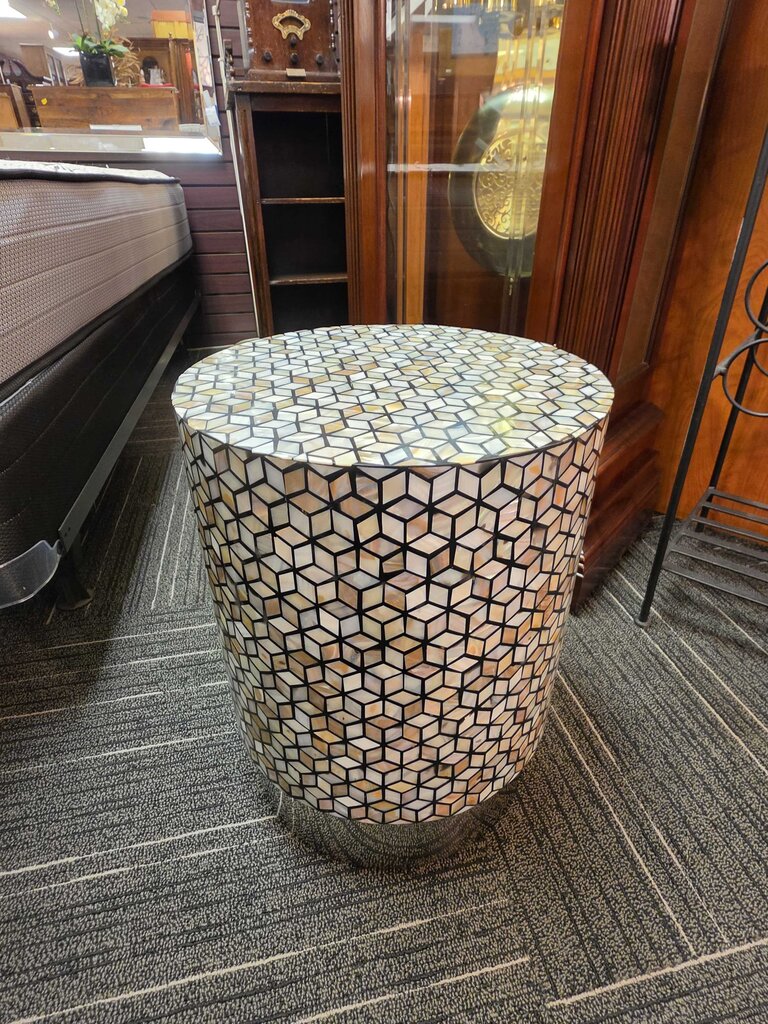 Mother-of-Pearl Geometric Drum Accent Table