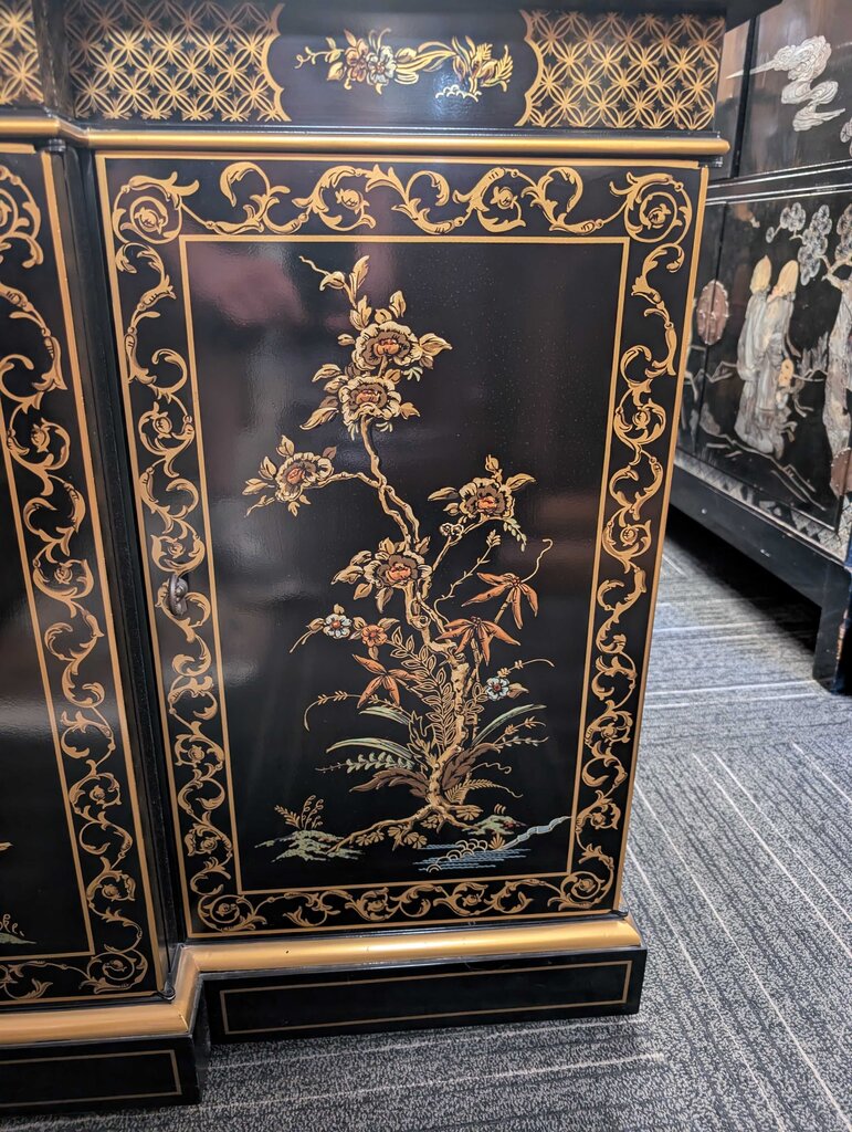 Hand Painted Black Lacquer Chinoiserie Oriental Sideboard by Drexel
