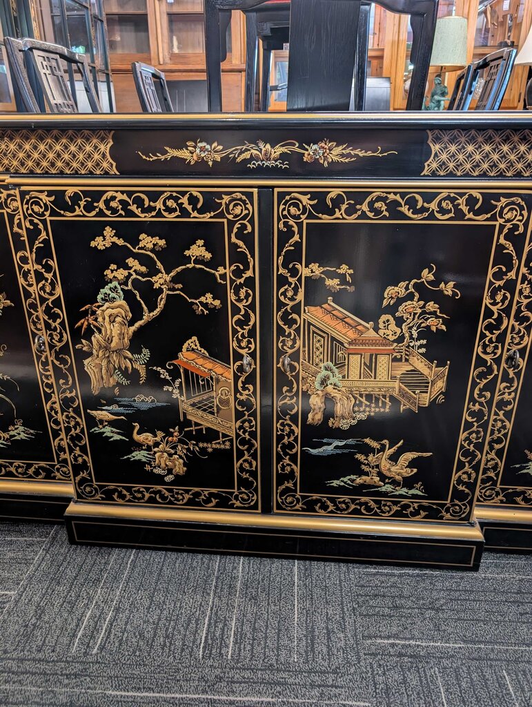 Hand Painted Black Lacquer Chinoiserie Oriental Sideboard by Drexel