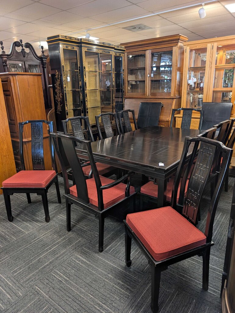 Vintage Oriental Dining Room Table, Ten Chairs, & 2 Leaves