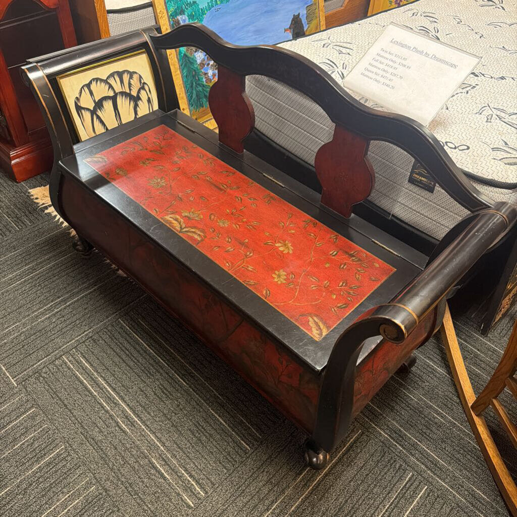 Contemporary Black & Burgundy Painted Bench w/ Storage