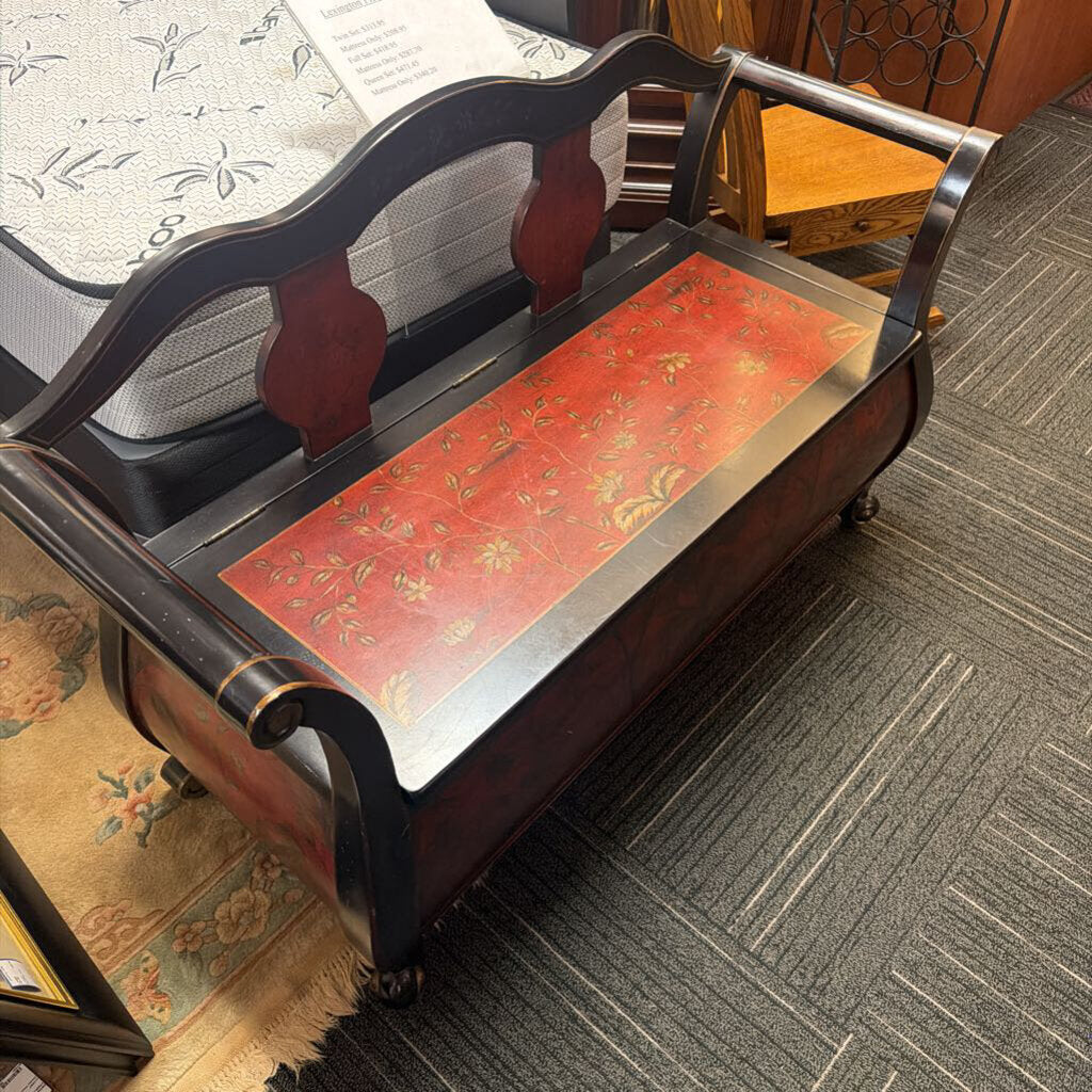 Contemporary Black & Burgundy Painted Bench w/ Storage