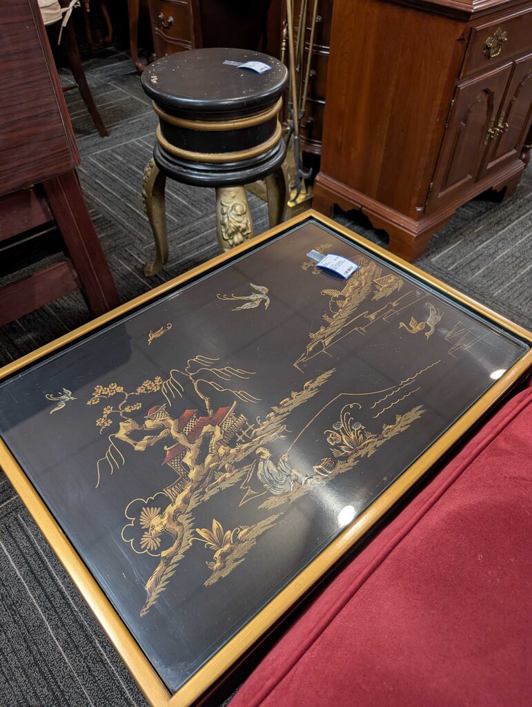 Hand Painted Black Lacquer Chinoiserie Coffee Table by Drexel