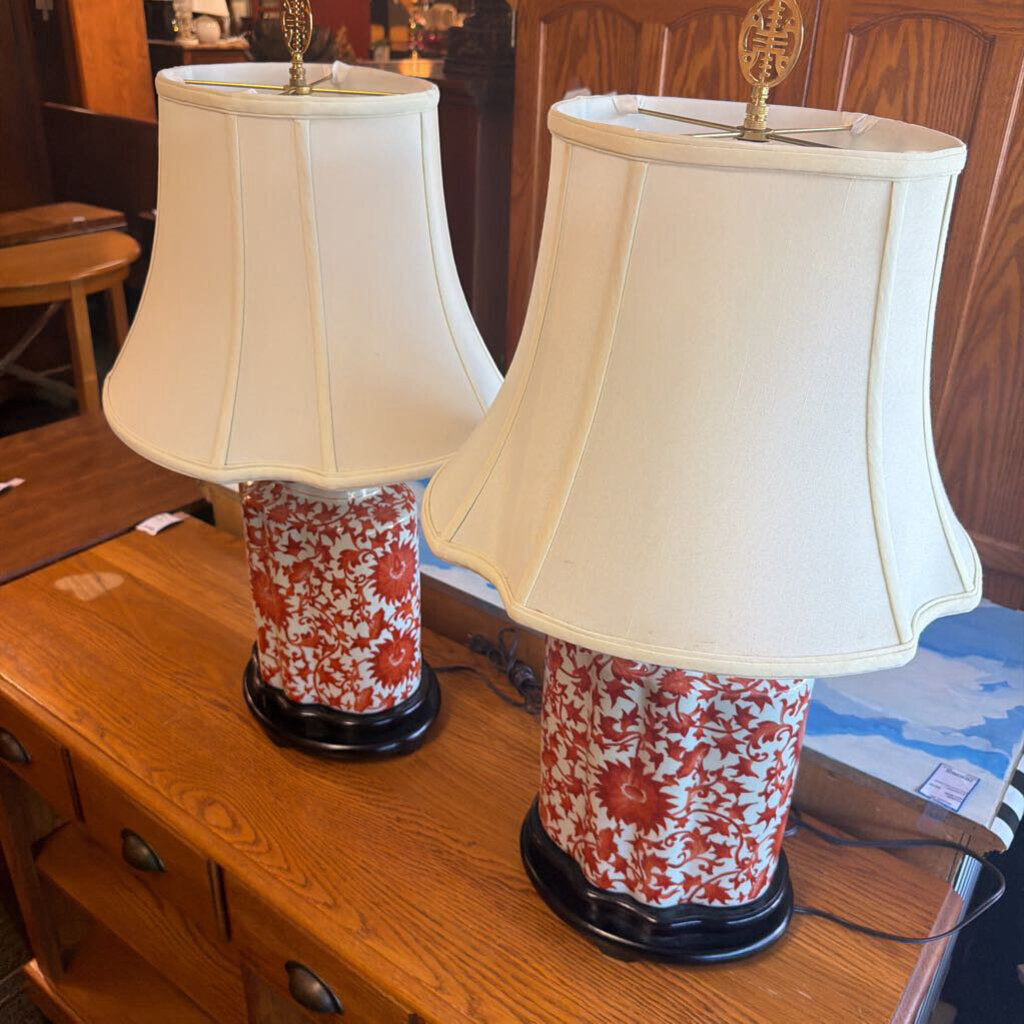 Pair of Chinese Chinoiserie Iron-red & White Porcelain Ginger Jar Lamps