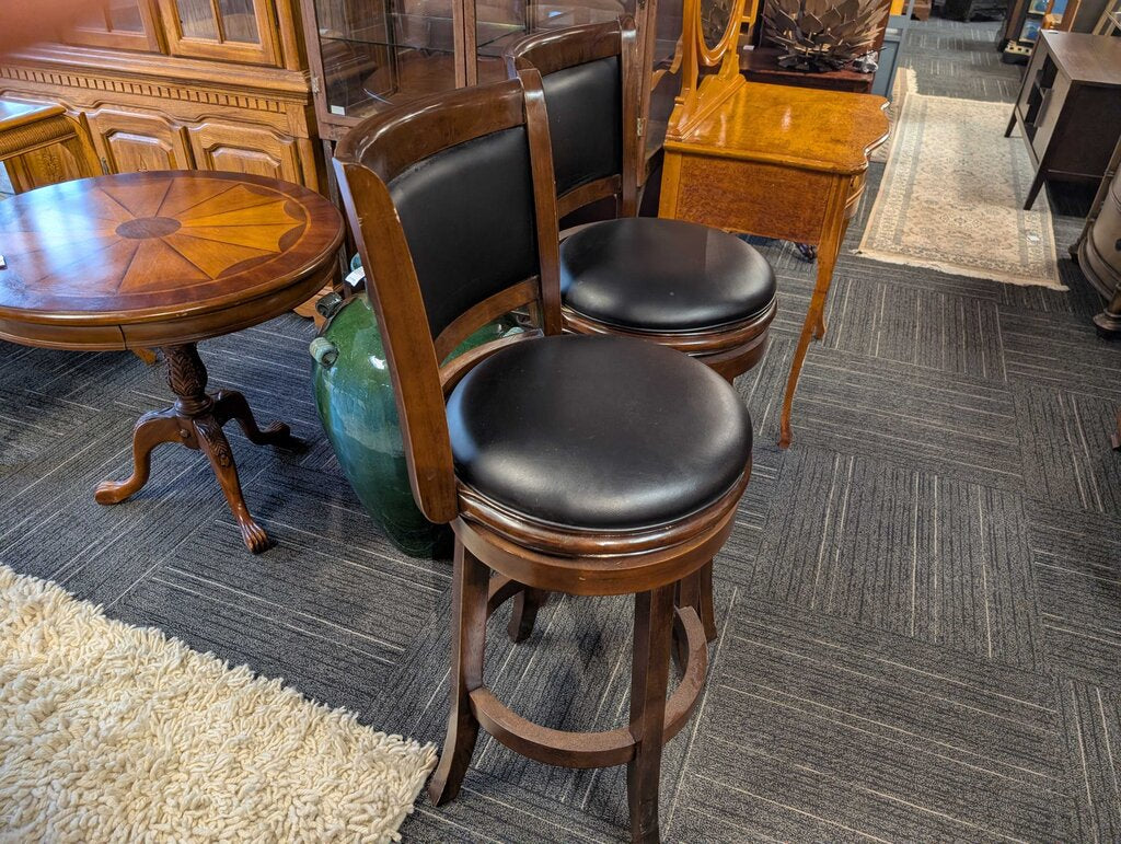 Pair of Contemporary Wood Swivel Bar Stools w/ Black Upholstered Seat & Backs