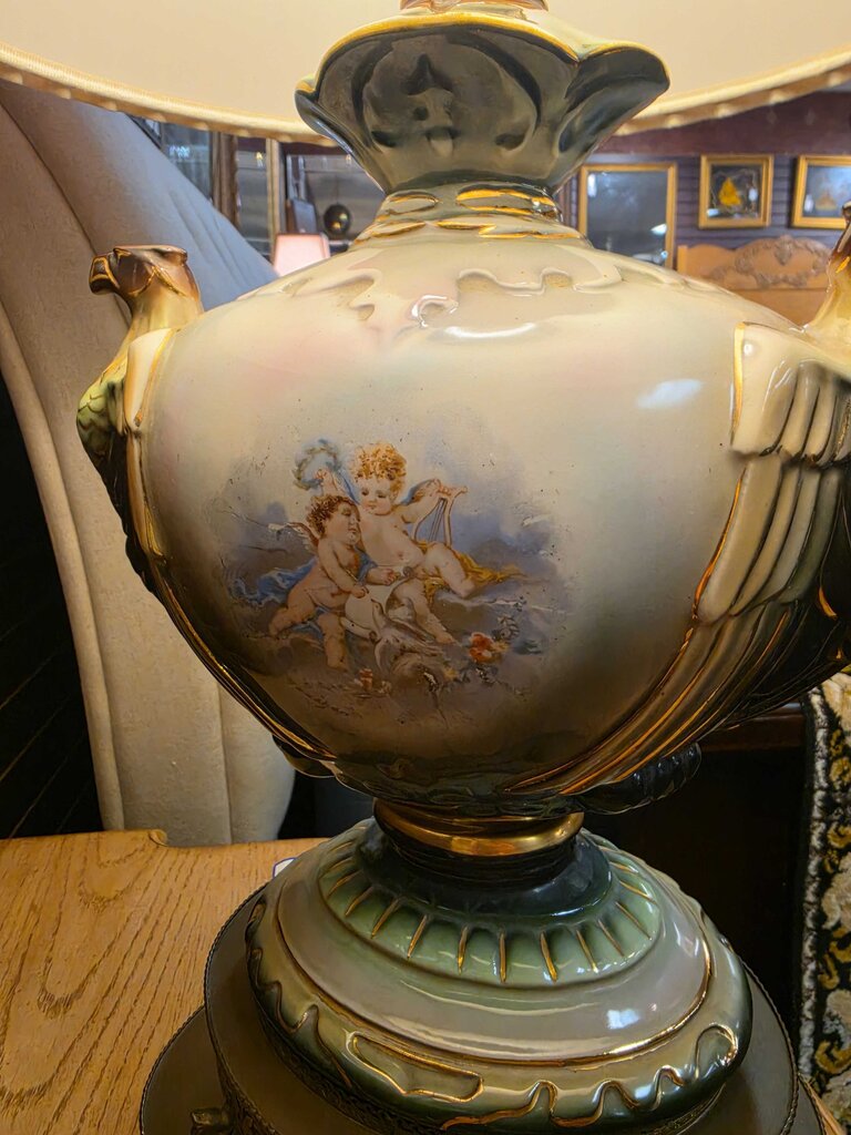 Pair of Classical Revival Porcelain Urn Table Lamps w/ Eagle Handles, Figural Transferware Scenes & Ornate Pierced Metal Bases