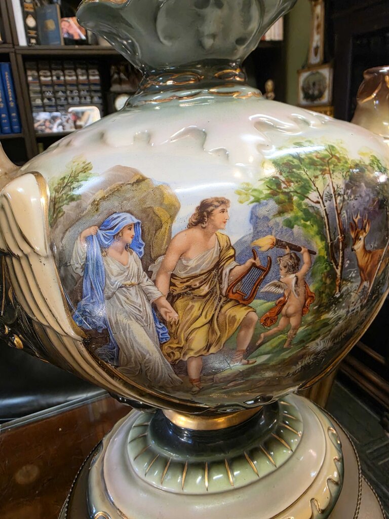 Pair of Classical Revival Porcelain Urn Table Lamps w/ Eagle Handles, Figural Transferware Scenes & Ornate Pierced Metal Bases