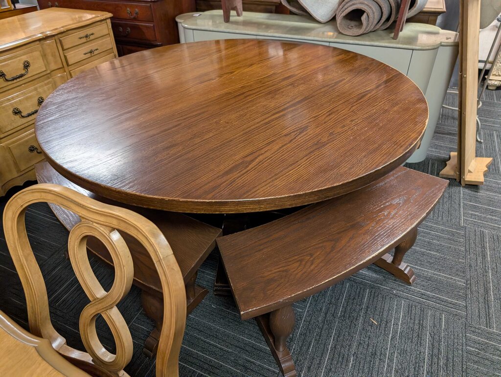 Large Round Solid Oak Table With Four Benches