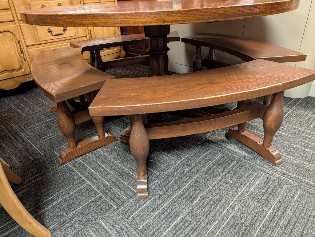 Large Round Solid Oak Table With Four Benches