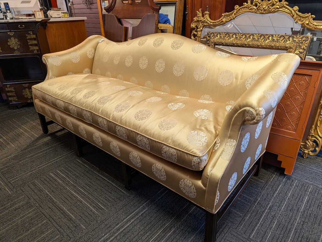 Stunning Formal Chippendale Camelback Sofa w/ Gold Damask Upholstery