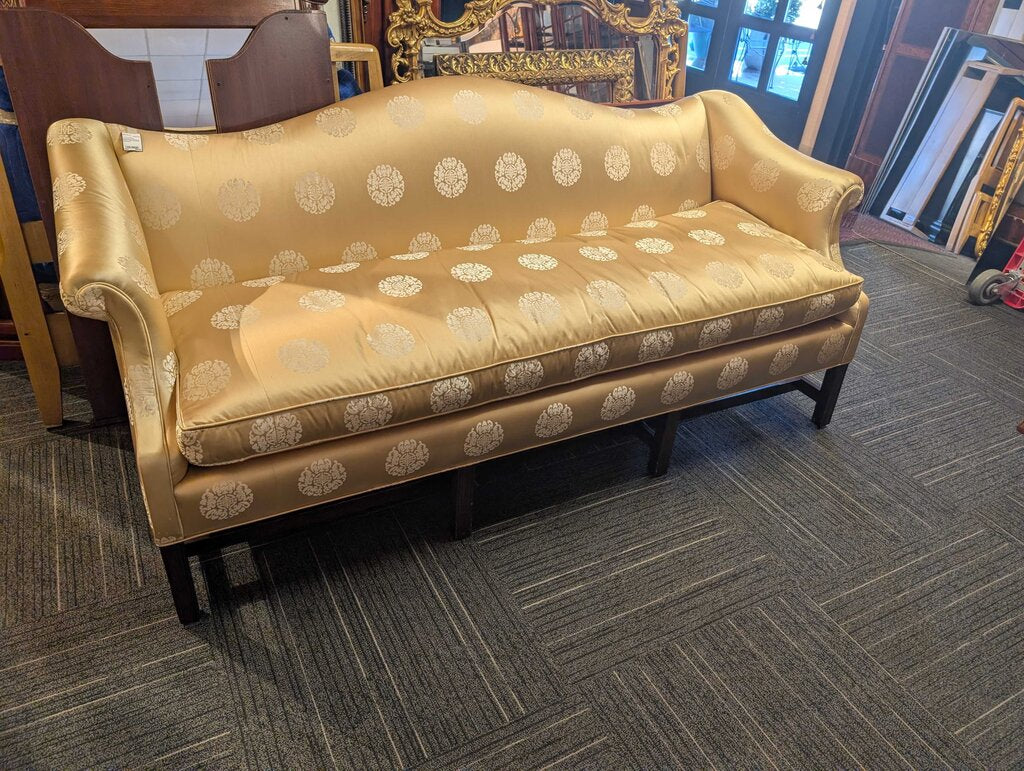 Stunning Formal Chippendale Camelback Sofa w/ Gold Damask Upholstery