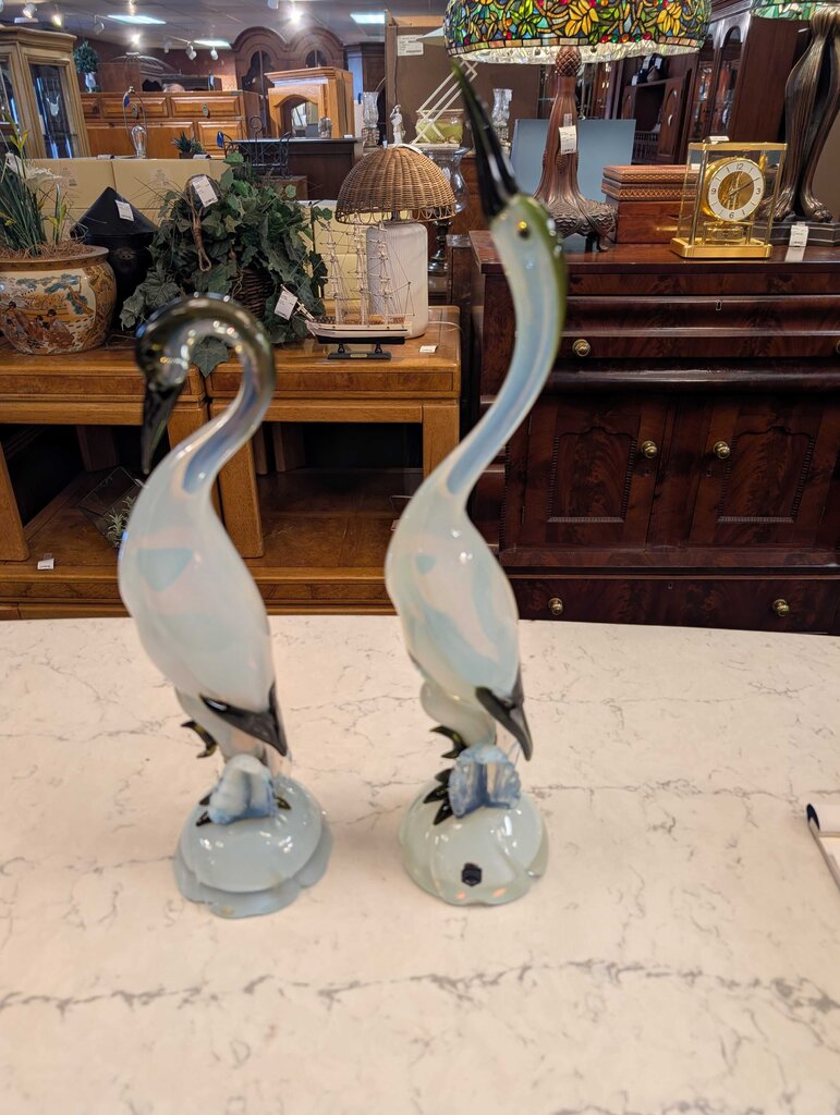 Pair Of Artist Signed Murano Cranes