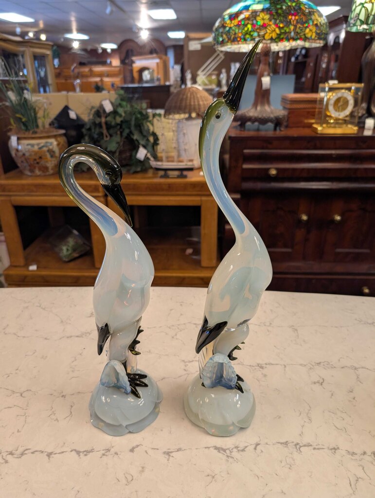 Pair Of Artist Signed Murano Cranes