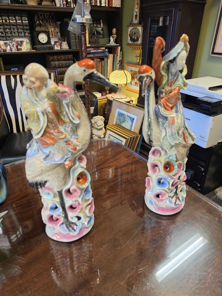 Large Antique Chinese Famille Rose Porcelain Figural Sculptures – Pair of Man & Woman, 18" & 20" Tall, Circa 1930 (1920–1940)
