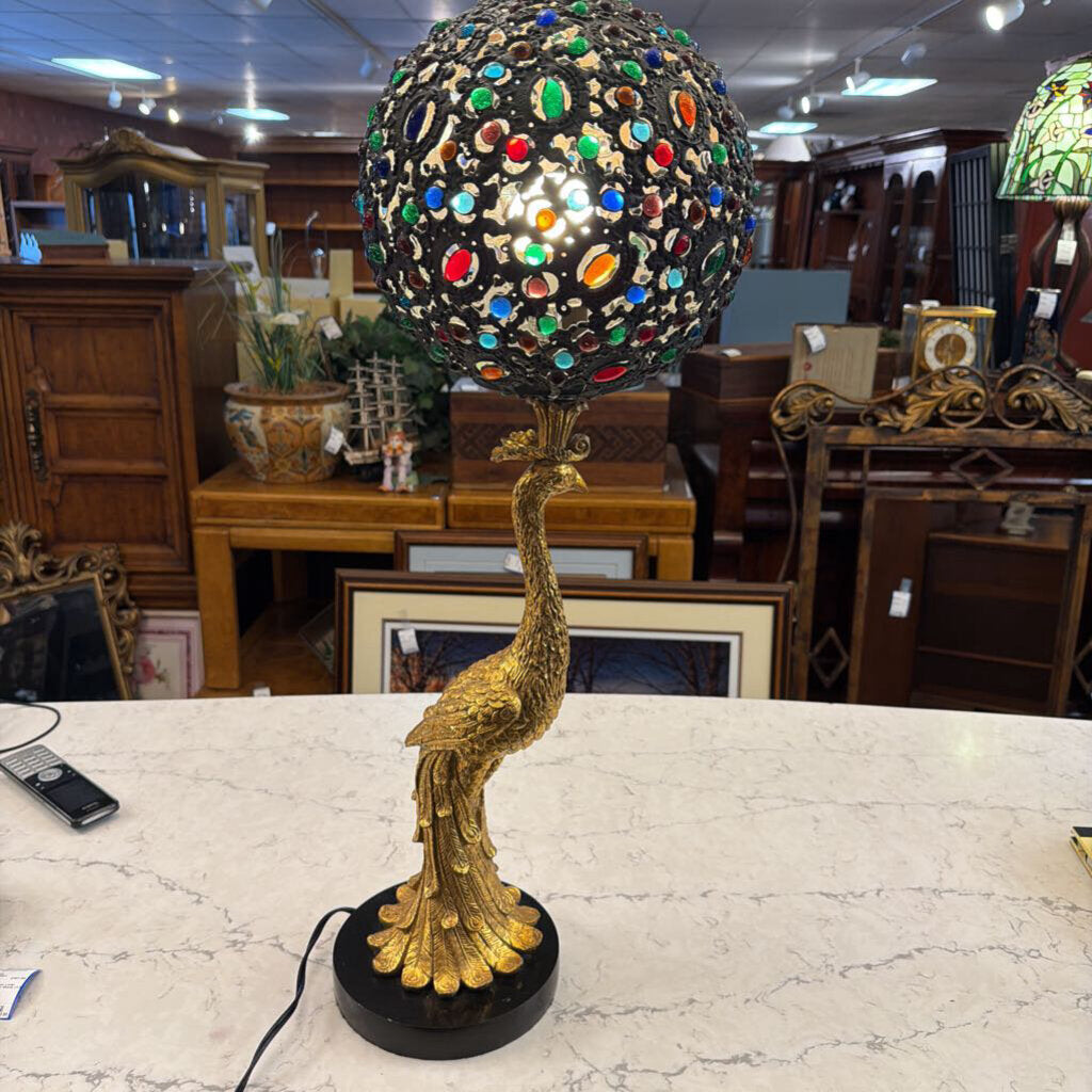 Peacock-Form Lamp With Jeweled Shade (AS IS)