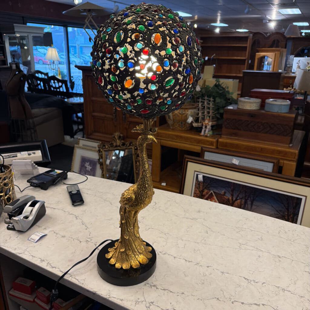 Peacock-Form Lamp With Jeweled Shade (AS IS)