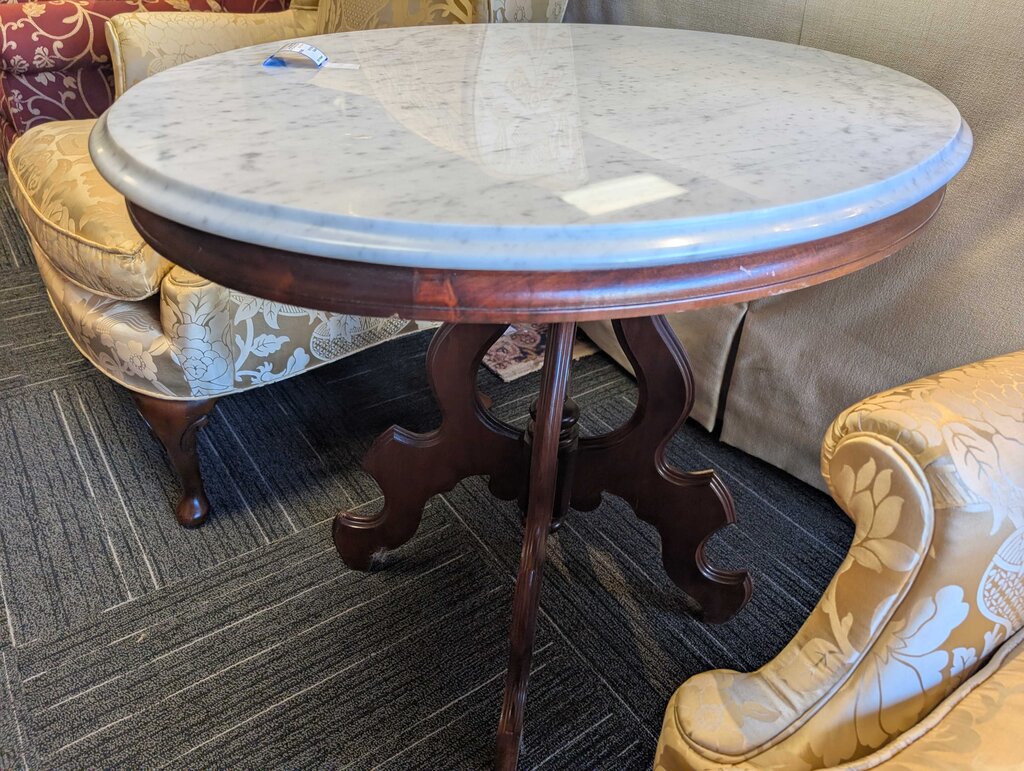 Large Victorian Carrara Marble Top Table w/ Walnut Base