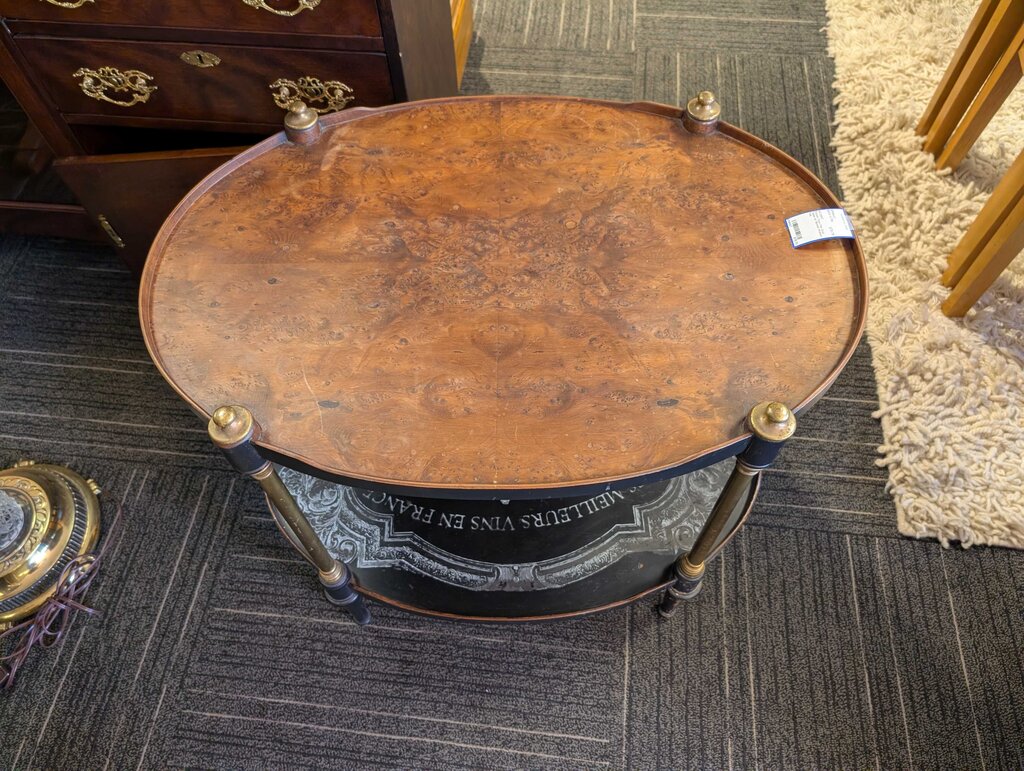 French Two-Tier Oval Table w/ Burled Walnut Top